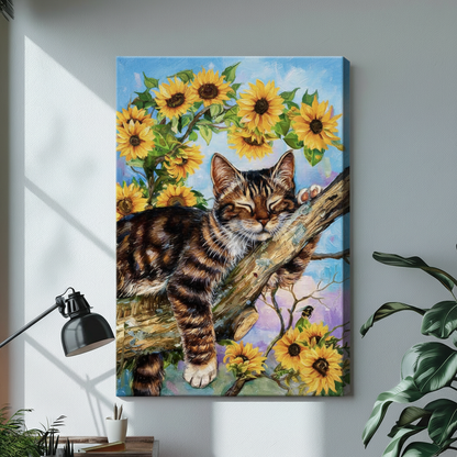 Cat sunflower stretched canvas print in cozy home library