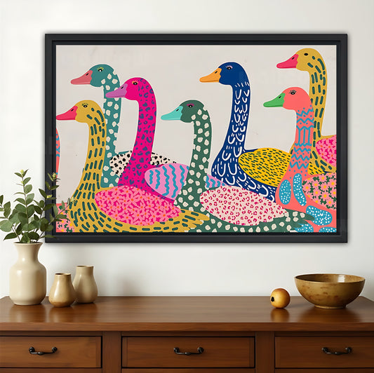 The Colorful Geometric Duck Flock – Pop Art Vibrant Wall Art on Natural Wood Canvas | W672