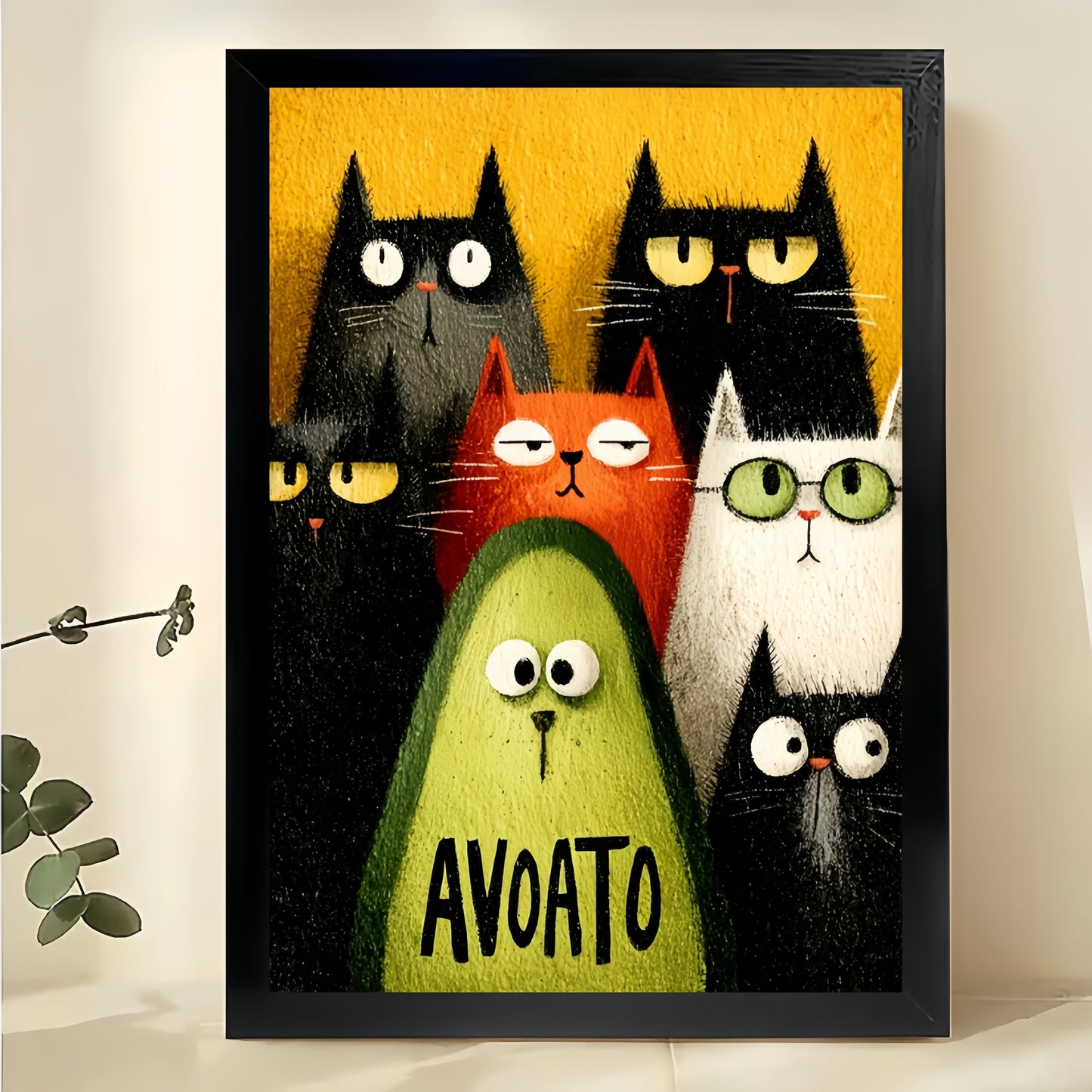 AVOATO Cats & Avocado – Funny Food Cat Wall Art on Natural Wood Canvas | W957