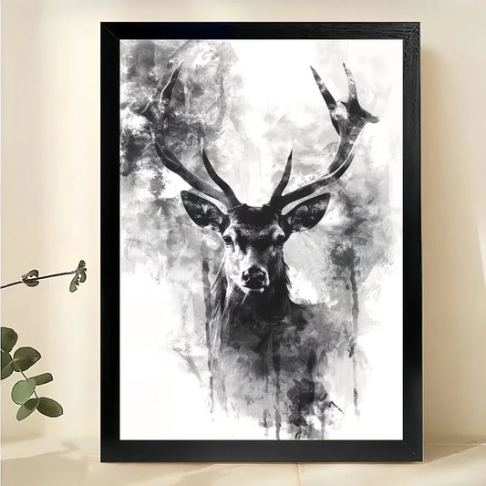 Ink Wash Stag Head Wall Art – Abstract Black & White Deer Canvas Print on Natural Wood Frame | W2080