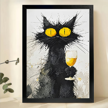 Black Cat with Champagne Glass – Whimsical Retro Wall Art on Natural Wood Canvas | W924