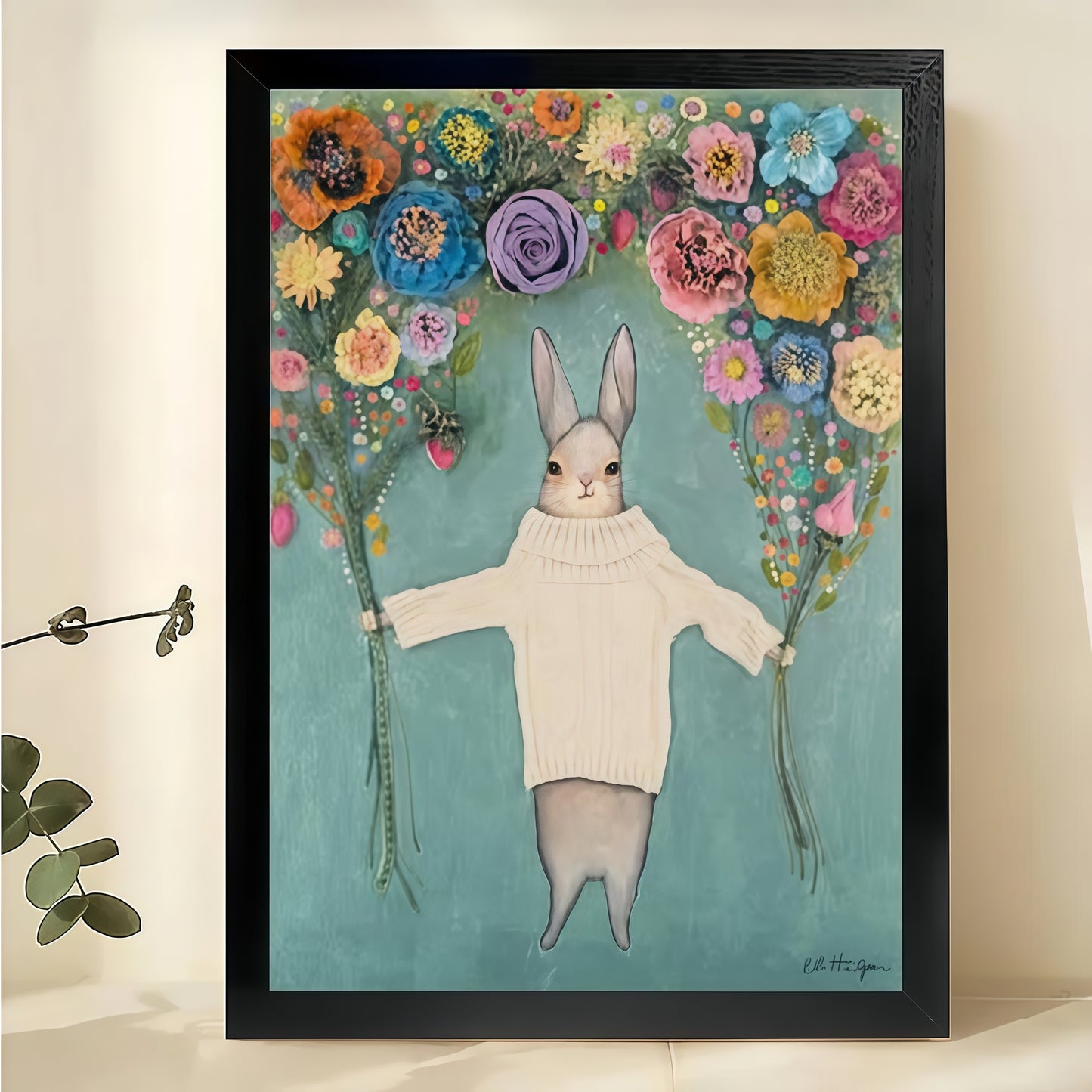 The Flower-Bouquet Rabbit – Gentle Whimsical Wall Art on Natural Wood Canvas | W679