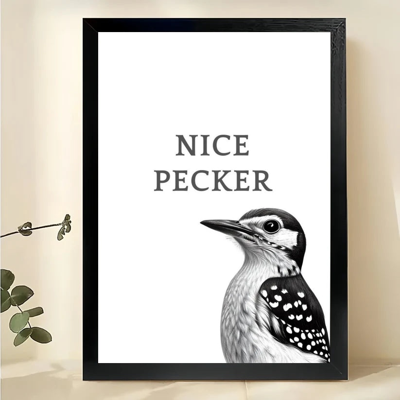 NICE PECKER  Woodpecker – Humorous Minimalist Wall Art on Natural Wood Canvas | W885