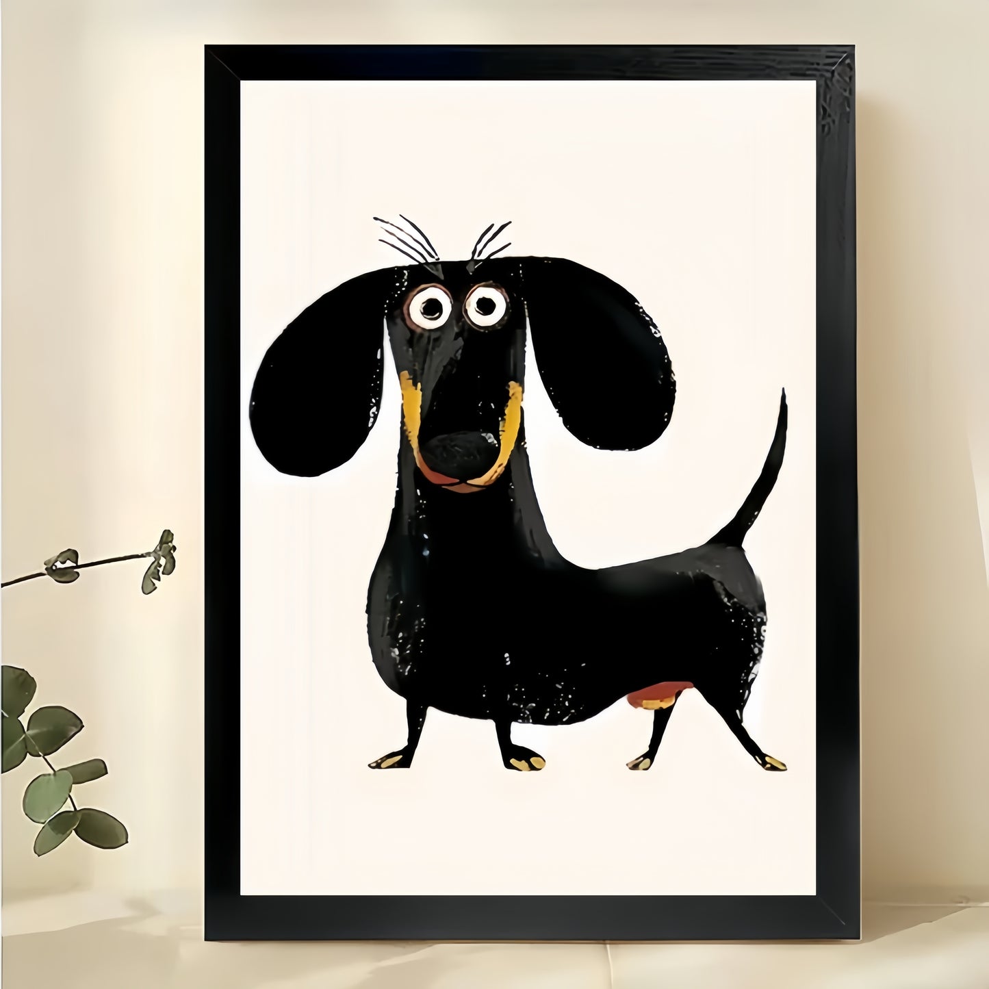 The Standing Cartoon Dachshund – Playful Pet Wall Art on Natural Wood Canvas | W665