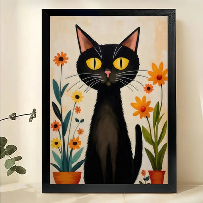 Black Cat with Sunflowers – Vibrant Floral Garden Flag Wall Art on Natural Wood Canvas | W2004
