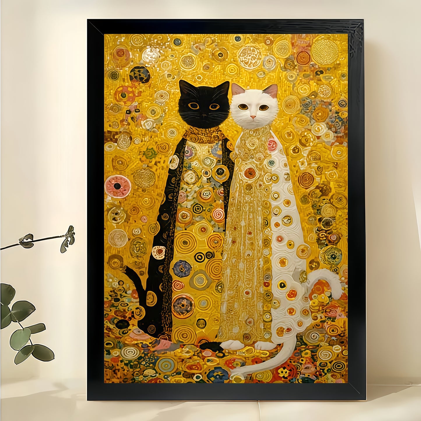 Klimt-Style Black & White Cats – Artistic Parody Wall Art on Natural Wood Canvas | W835