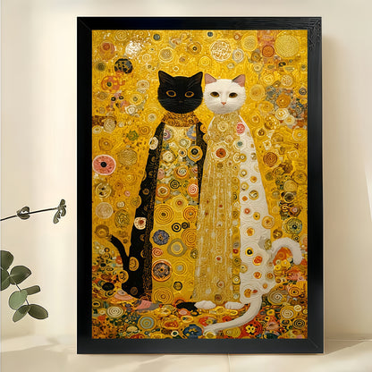 Klimt-Style Black & White Cats – Artistic Parody Wall Art on Natural Wood Canvas | W835
