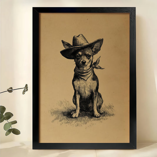 Cowboy Chihuahua – Rustic Western Dog Wall Art on Natural Wood Canvas | W2010
