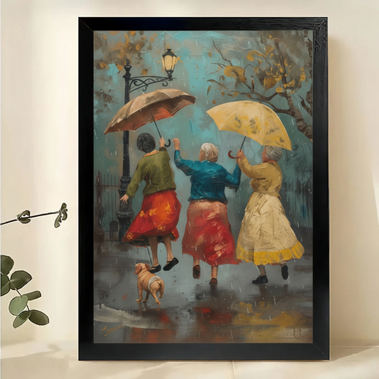 Three Women with Umbrellas Wall Art – Charming Friendship Canvas Print on Natural Wood Frame | W2404