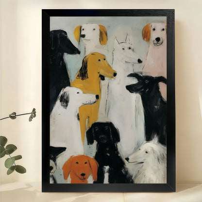 Dog Group Portrait – Vintage Oil Painting Style Wall Art on Natural Wood Canvas | W859