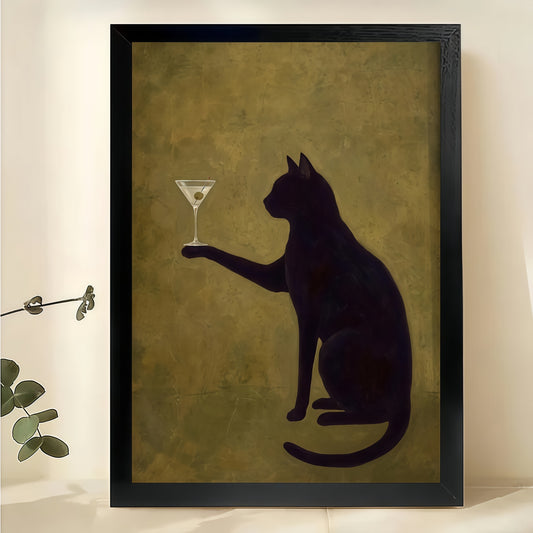 Black Cat with Martini – Stylish Cocktail Cat Wall Art on Natural Wood Canvas | W2042