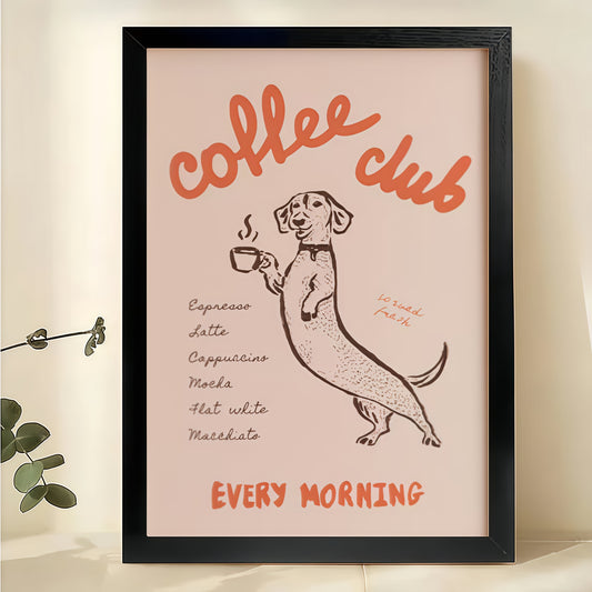 Coffee Club Dachshund – Retro Funny Dog Wall Art on Natural Wood Canvas | W2023
