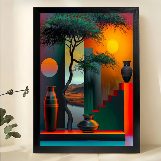 The Geometric Sunset Abstract – Modern Artistic Wall Art on Natural Wood Canvas | W659