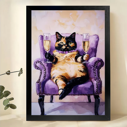 Luxury Chonky Cat on Purple Armchair – Whimsical Pet Wall Art on Natural Wood Canvas | W722