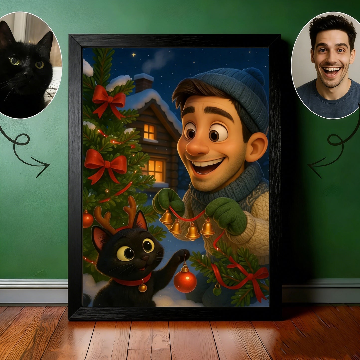 Custom Christmas Pet Portrait,Personalized Gift, Funny Santa Cat & Owner Illustration Wall Art,Holiday Home Decor