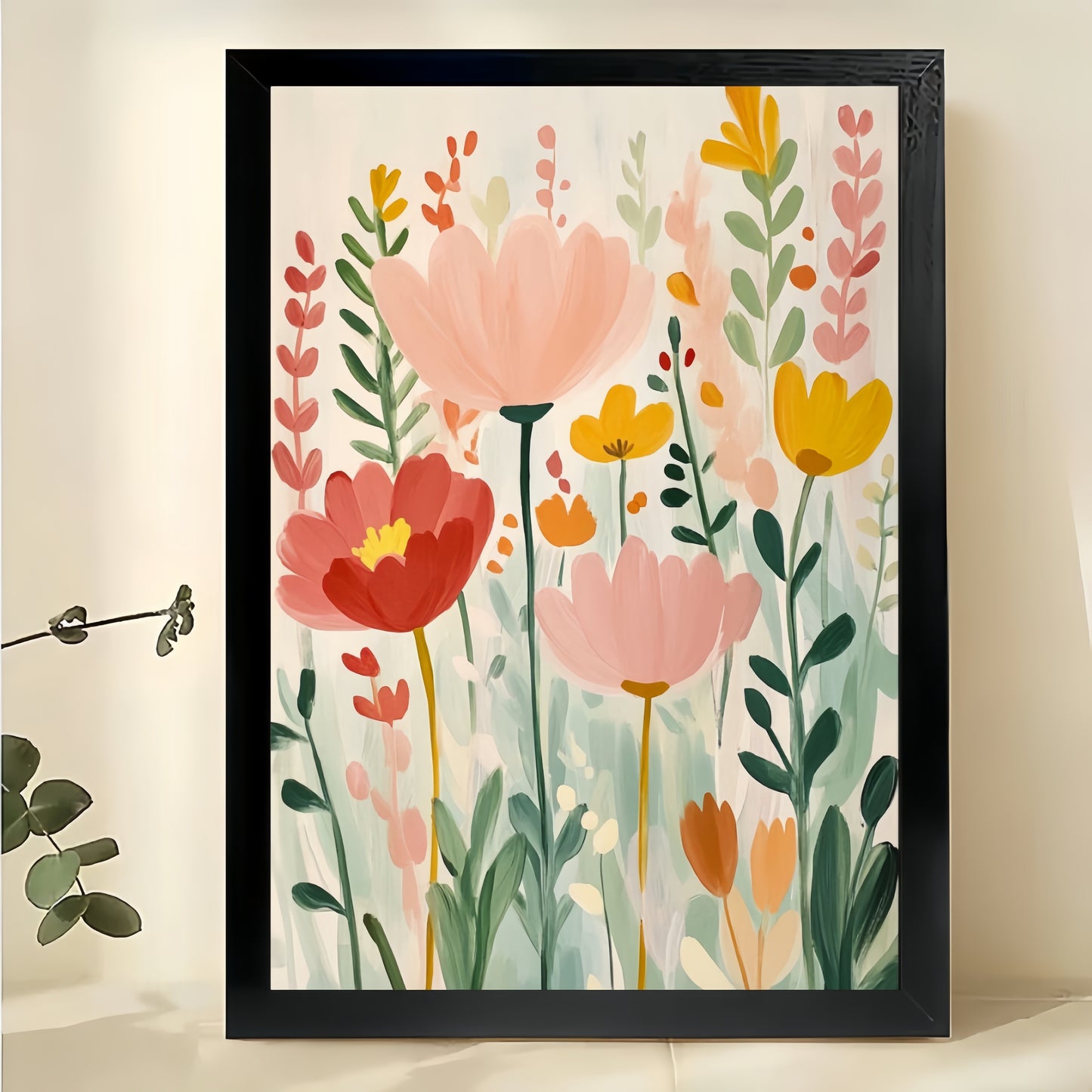 Watercolor Style Colorful Floral Bouquet – Minimalist Fresh Wall Art on Natural Wood Canvas | W749