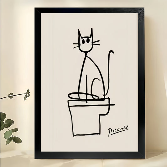 Picasso Cat on Toilet – Minimalist Bathroom Line Art Wall Art on Natural Wood Canvas | W904