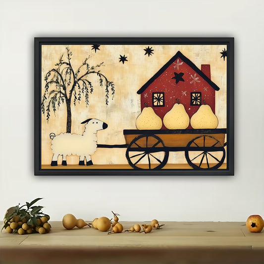 Red House  Cart – Charming Rustic Scene Wall Art on Natural Wood Canvas | W509