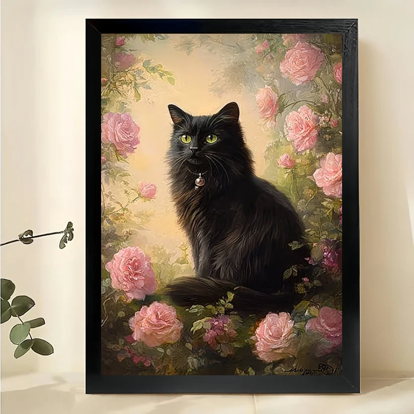 Black Cat in Pink Rose Garden – Realistic Floral Oil Painting Wall Art on Natural Wood Canvas | W800