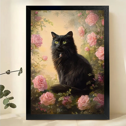 Black Cat in Pink Rose Garden – Realistic Floral Oil Painting Wall Art on Natural Wood Canvas | W800