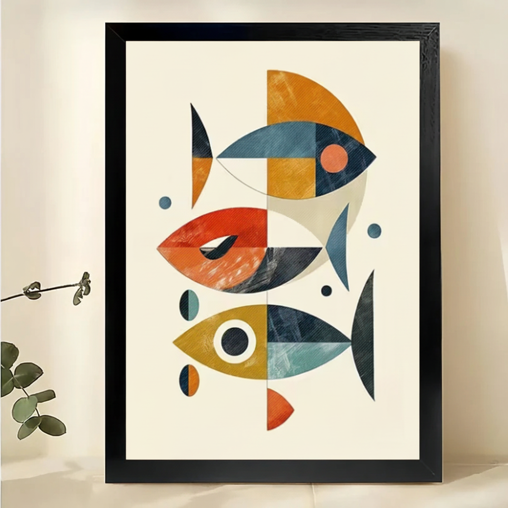 The Geometric Fish School – Minimalist Modern Wall Art on Natural Wood Canvas | W624