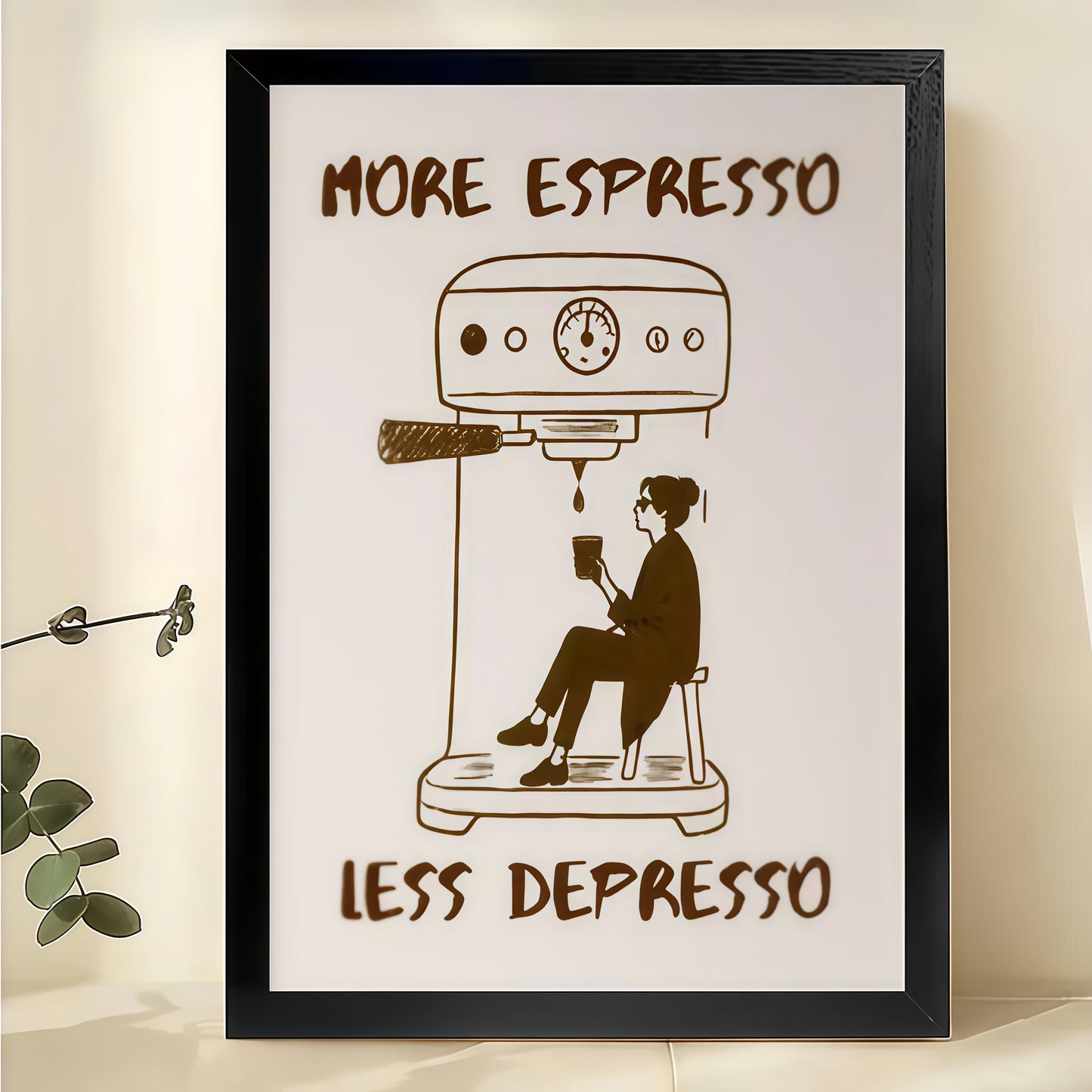 More Espresso Less Depresso Coffee Lover – Humorous Retro Wall Art on Natural Wood Canvas | W973