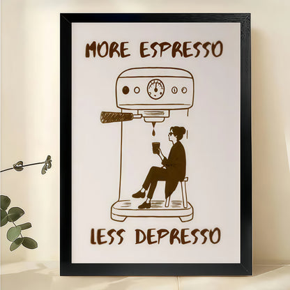 More Espresso Less Depresso Coffee Lover – Humorous Retro Wall Art on Natural Wood Canvas | W973