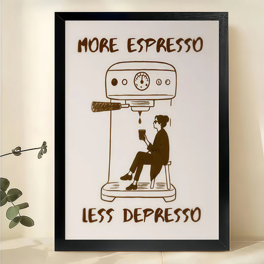 More Espresso Less Depresso Coffee Lover – Humorous Retro Wall Art on Natural Wood Canvas | W973