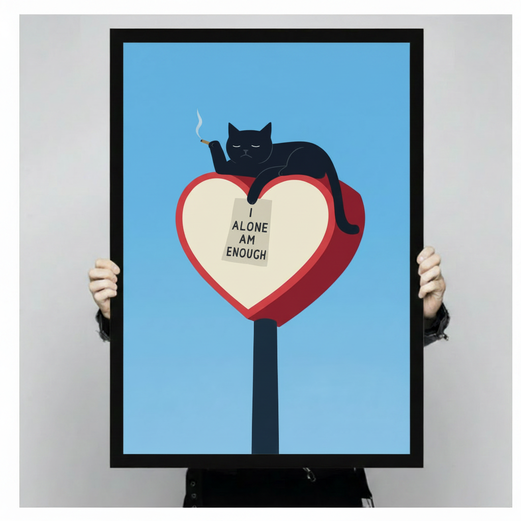 Hands holding black cat I Alone Am Enough framed art print, front-facing product display on grey background