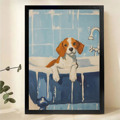 Beagle in Bathtub Wall Art - Cute Dog Bath Time Illustrated Canvas Print|W1430