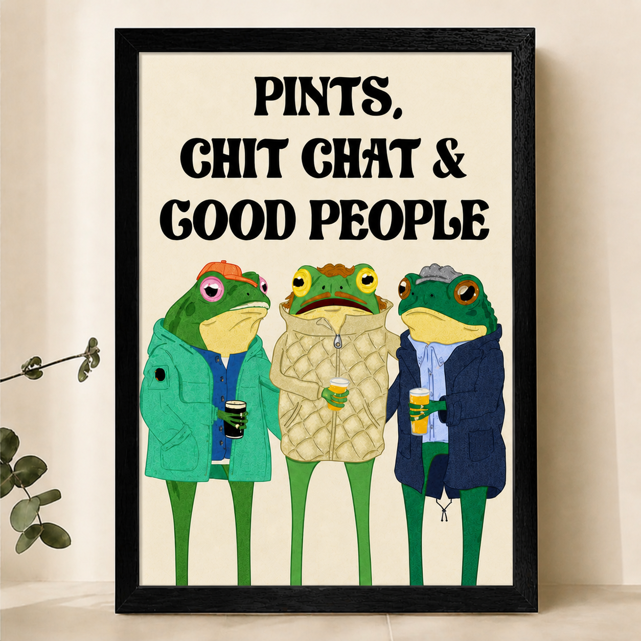 Pints, Chit Chat & Good People Frogs Wall Art – Funny Quote Canvas Print on Natural Wood Frame | W2225