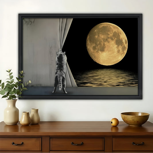 Cat Pulling Curtain to Reveal Full Moon Wall Art - Surreal Canvas Print| W1390