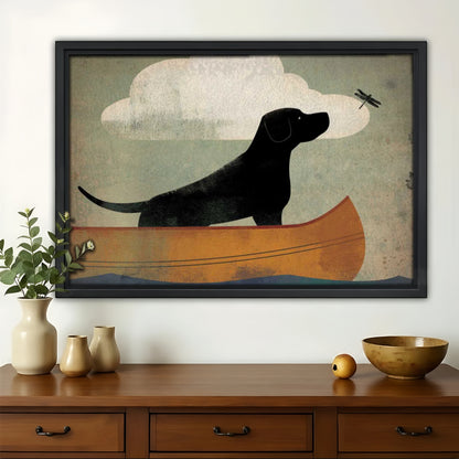 Black Lab in Canoe Wall Art - Vintage Dog Adventure Print|W1235