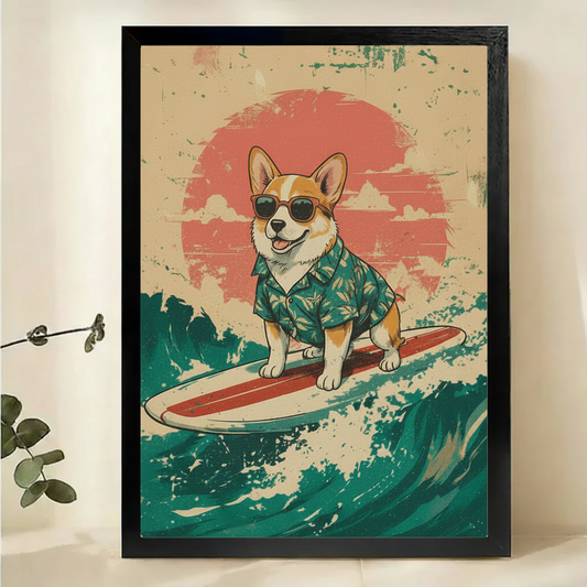 Surfing Corgi Wall Art – Retro Vintage Dog Canvas Print on Natural Wood Frame | W2242