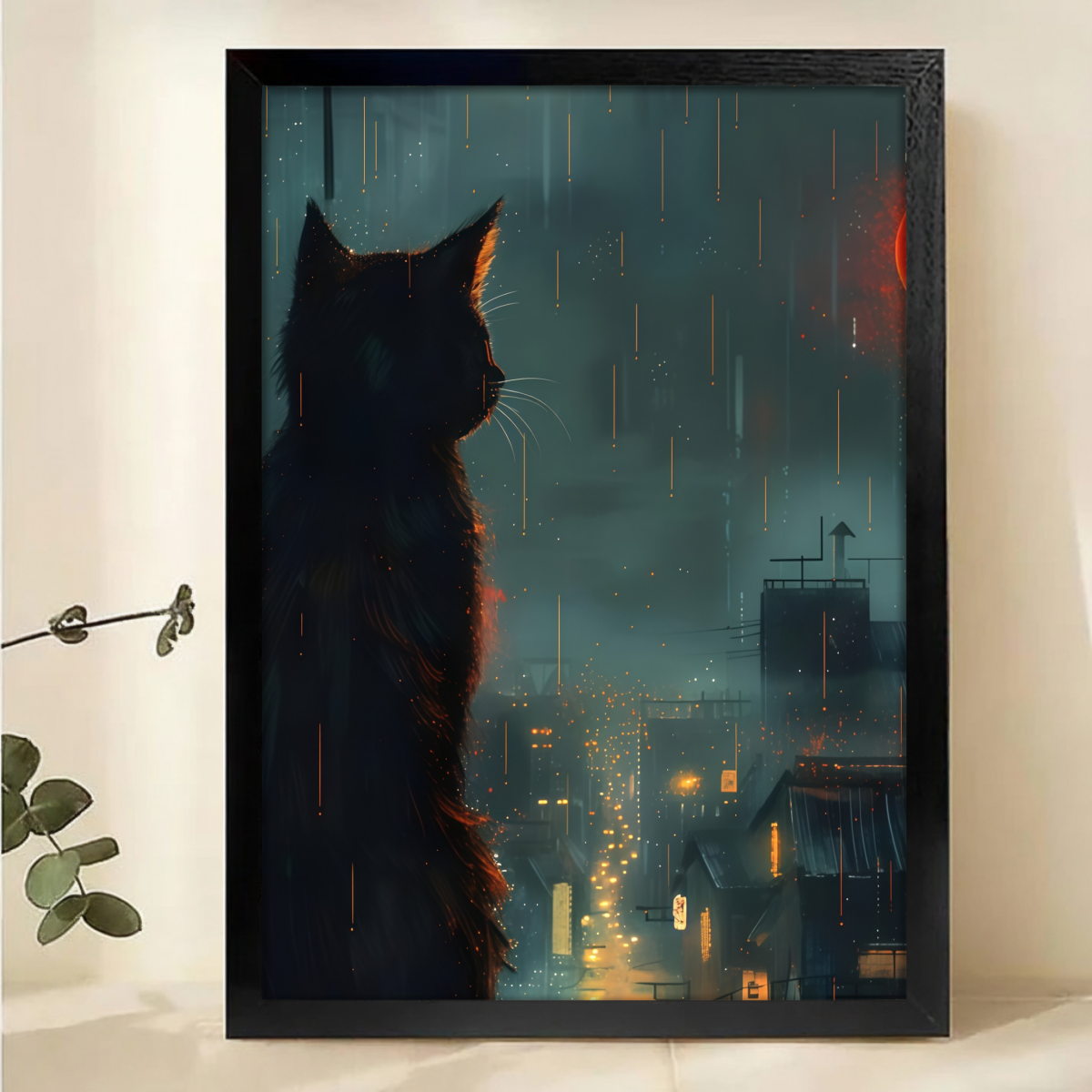 Cat Silhouette in Rainy City Night Art - Moody Urban Wall Decor|W1167