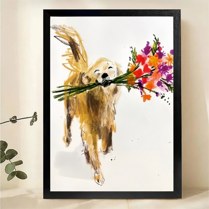 Golden Retriever with Flowers Wall Art - Hand-Painted Print|W1292