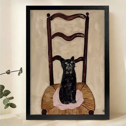 Black Cat on Antique Chair Wall Art – Moody French Oil Painting Canvas Print on Natural Wood Frame | W2131