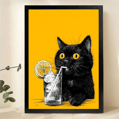 Black Cat Drinking Lemonade Wall Art - Funny Yellow Canvas Print|W1374