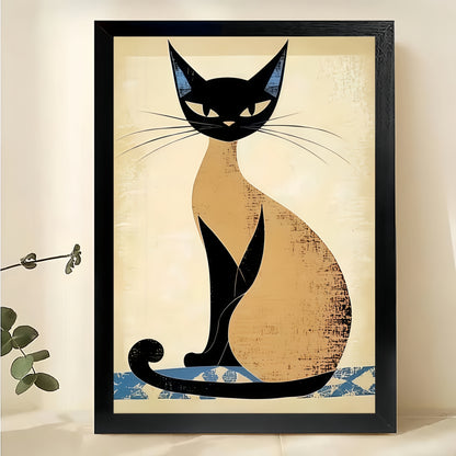The Vintage Elegant Siamese Cat – Classic Retro Wall Art on Natural Wood Canvas | W607