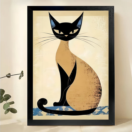 The Vintage Elegant Siamese Cat – Classic Retro Wall Art on Natural Wood Canvas | W607