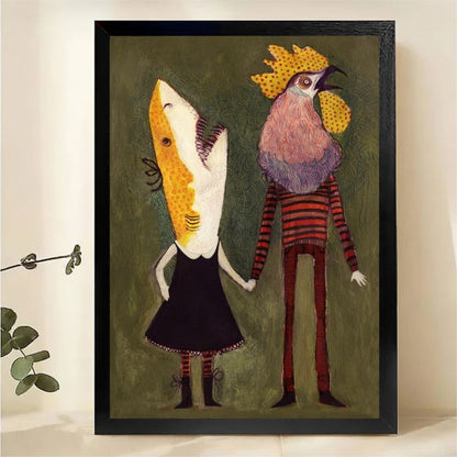 Fish and Rooster Couple Wall Art - Whimsical Surreal Print|W1251