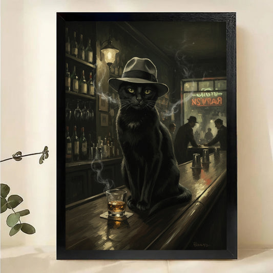 Black Cat in Fedora at Speakeasy - Noir Bar Art Print|W1099