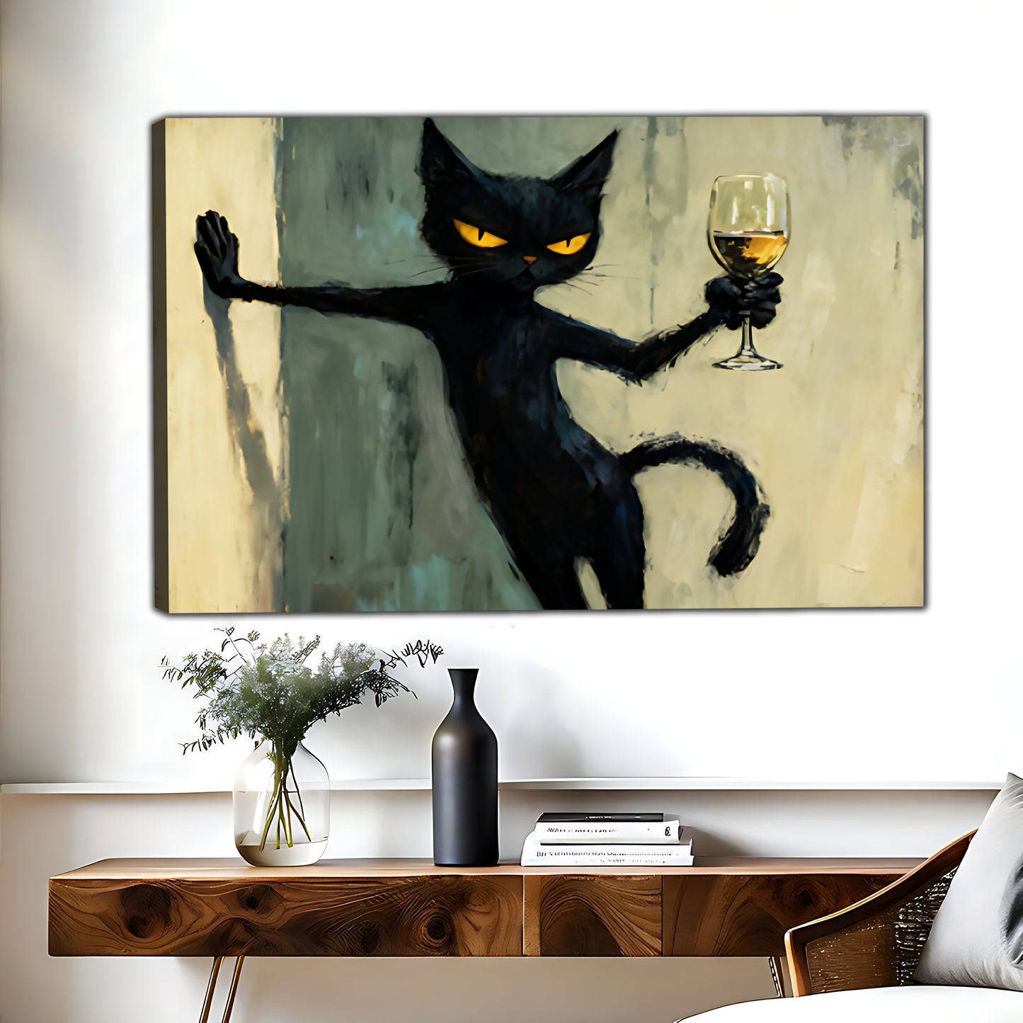 The Celebratory Black Cat – Joyful Cat Wall Art on Natural Wood Grain Canvas | W460