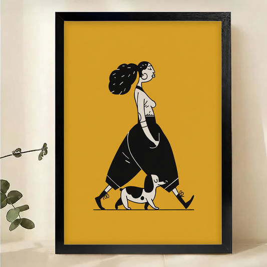 Stylish Woman Walking Her Dog Wall Art – Bold Graphic Illustration Canvas Print on Natural Wood Frame | W2170