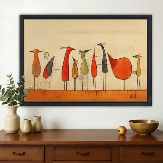 Abstract Birds on a Line Wall Art – Mid-Century Modern Canvas Print on Natural Wood Frame | W2291