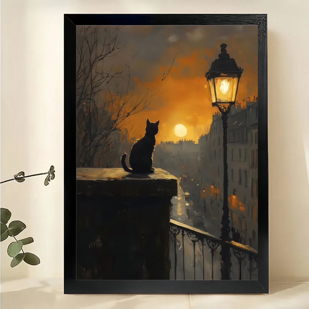 Black Cat by Lantern at Night Wall Art – Atmospheric Evening Cat Canvas Print on Natural Wood Frame | W2095
