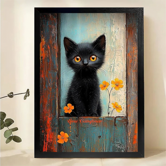 Black Kitten in Rustic Window with Orange Flowers Wall Art - Textured Oil Painting Canvas Print|W1379
