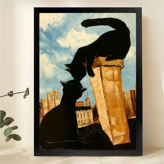 Two Black Cats Meeting on City Rooftop Wall Art - Romantic Textured Oil Painting Canvas Print|W1425