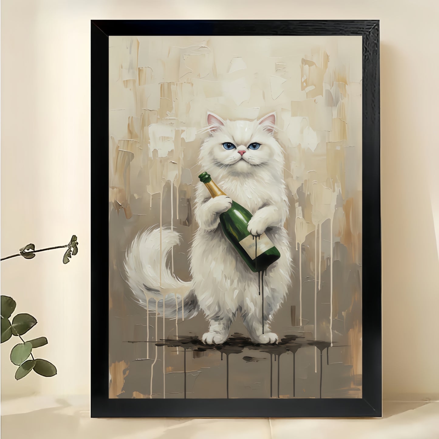 The Champagne-Toting White Cat – Artistic Luxe Wall Art on Natural Wood Canvas | W613