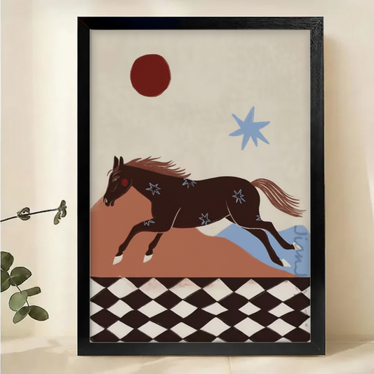 Star-Marked Horse at Full Gallop Wall Art – Bold Folk Art Canvas Print on Natural Wood Frame | W2159